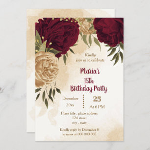 Invitation Anniversaire botanique en or beige vert marron