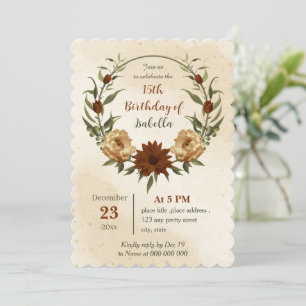Invitation anniversaire botanique fleuri en terre cuite rusti