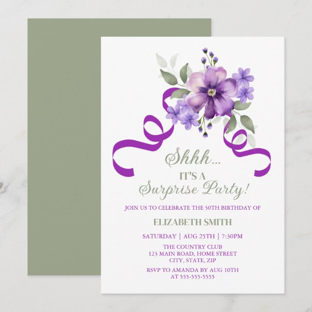 Invitation Anniversaire Botanique Florale Violette Chic Surpr (Devant / Derrière)
