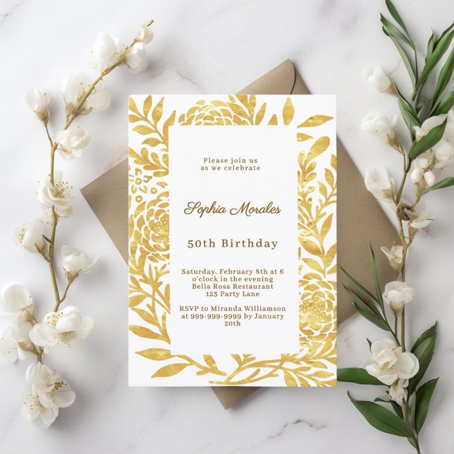 Invitation Anniversaire botanique or blanc (Créateur téléchargé)