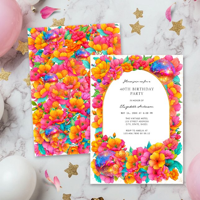 Invitation Anniversaire Boule Disco Florale Pailletée Rose Ch (Créateur téléchargé)