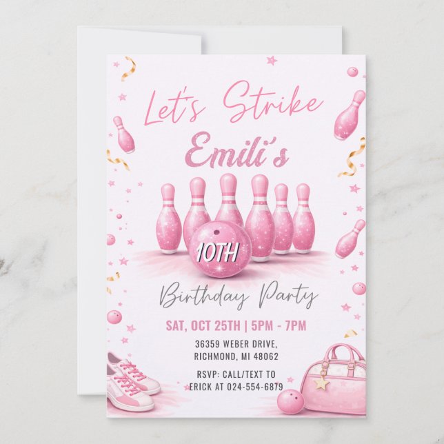 Invitation Anniversaire Bowling Filles Rose Personnel (Devant)