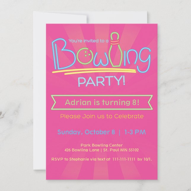 Invitation Anniversaire Bowling Party-Rose (Devant)