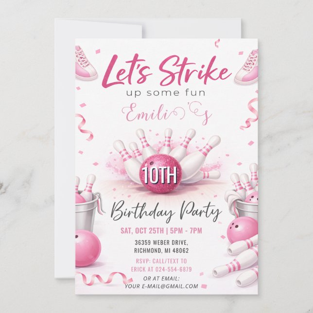 Invitation Anniversaire Bowling Rose Personnalisé (Devant)