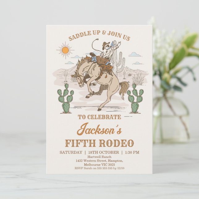 Invitation Anniversaire Bronco Cowboy Rodéo Brun Vert Rustiqu (Debout devant)
