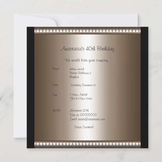 Invitation Anniversaire Bronze Noir Rose Arc (Devant)