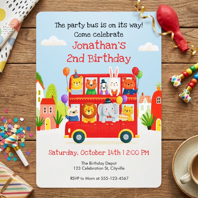 Invitation Anniversaire Bus à Deux Étages Animaux Mignons (Cute Animal Double Decker Party Bus 2nd Birthday Invitation)