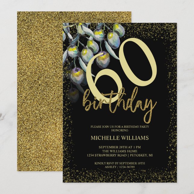 Invitation Anniversaire Calligraphie Or Paillettes Olive (Devant / Derrière)