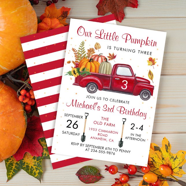 Invitation Anniversaire Camion Rouge Feuilles Citrouille Auto (Créateur téléchargé)