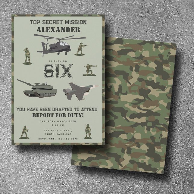 Invitation Anniversaire Camouflage Militaire Vert Camo Armée (Army Military Camouflage Green Camo Birthday Invitation)
