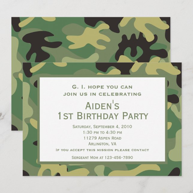 Invitation Anniversaire | Camouflage Vert (Devant / Derrière)