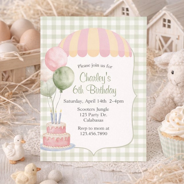 Invitation Anniversaire Carnaval Pastel | Vintage | Gingham (Créateur téléchargé)
