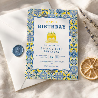 Invitation Anniversaire Carreau Méditerranéen Bleu