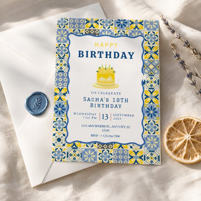 Invitation Anniversaire Carreau Méditerranéen Bleu (Créateur téléchargé)