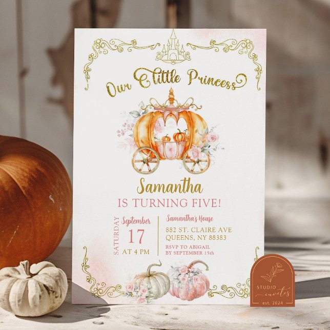 Invitation Anniversaire Carrosse Citrouille Princesse Rose Or (Créateur téléchargé)