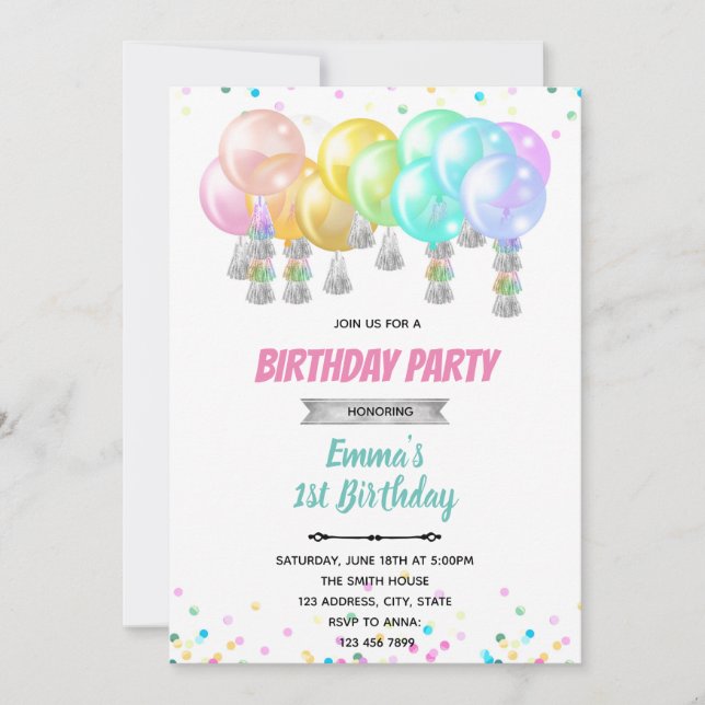 Invitation anniversaire carte ballon pastel (Devant)