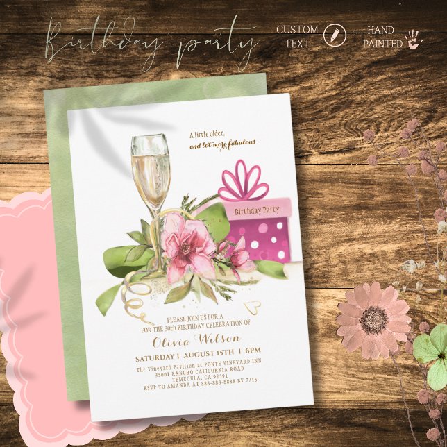 Invitation Anniversaire Champagne Magnolia Rose Aq (Chic Watercolor Pink Magnolia Champagne Birthday Invitation)
