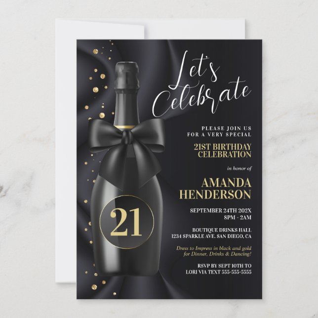 Invitation Anniversaire Champagne Noir et Or (Devant)