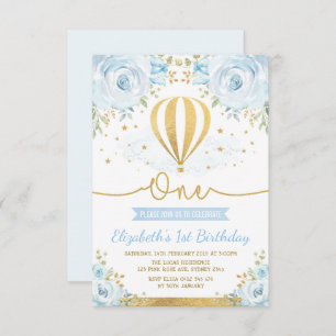 Invitation Anniversaire chaud floral bleu en pastel de ballon