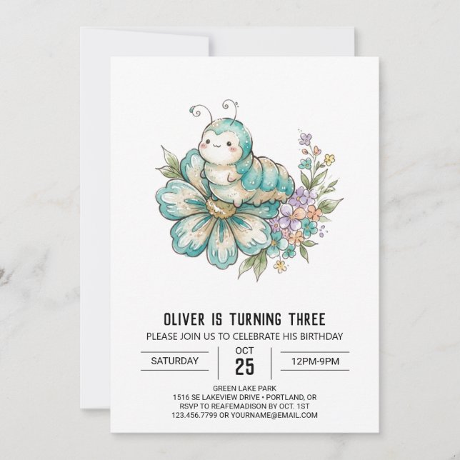 Invitation Anniversaire Chenille Sarcelle (Devant)