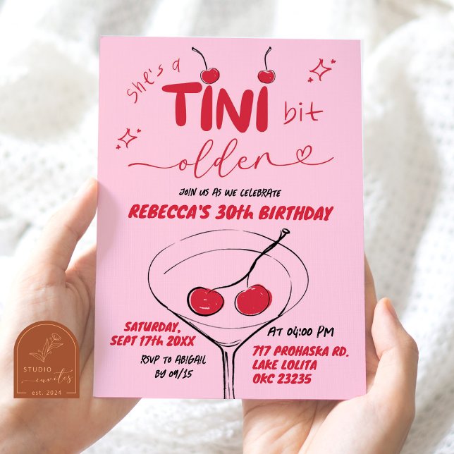 Invitation Anniversaire Cherry Martini Rose Dessiné à la Main (Créateur téléchargé)