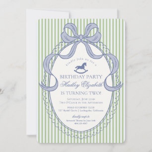 Invitation Anniversaire Cheval à Bascule Ruban Vert Coquette
