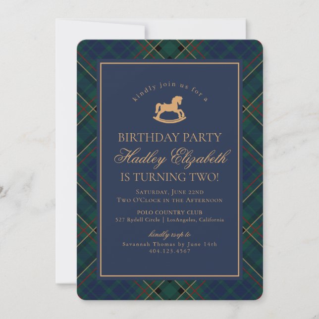 Invitation Anniversaire Cheval à Bascule Tartan Bleu Classiqu (Devant)