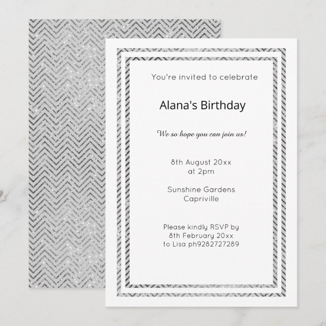 INVITATION ANNIVERSAIRE CHEVRON TRIM EN ARGENT BLA (Devant / Derrière)