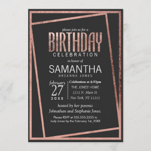 Invitation Anniversaire chic incliné simple d'or de noir rose