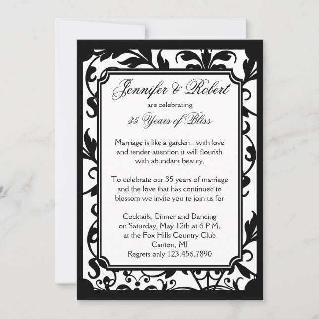Invitation Anniversaire Chic noir et blanc Damas (Devant)