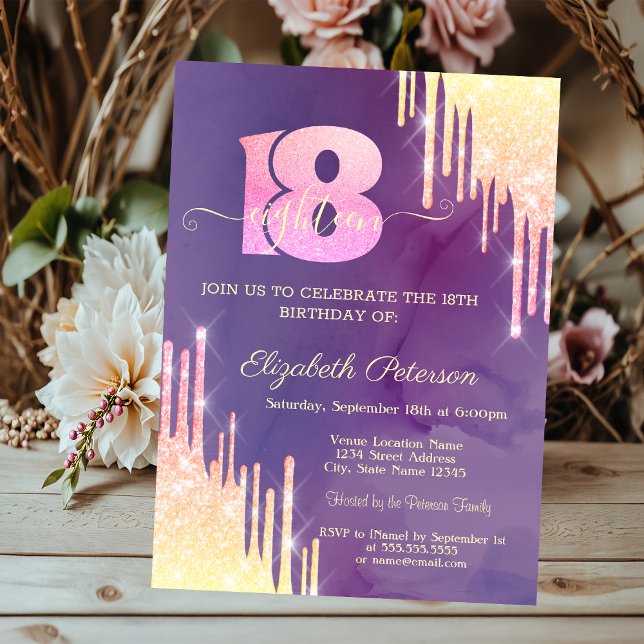 Invitation Anniversaire Chic Ombre Paillettes Violet 18 Ans (Créateur téléchargé)