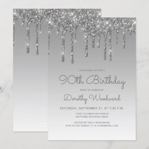Invitation Anniversaire chic pailleté argent 90 ans