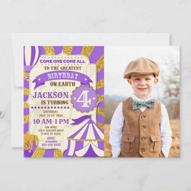 Invitation Anniversaire Cirque Carnaval Violet Or (Devant)