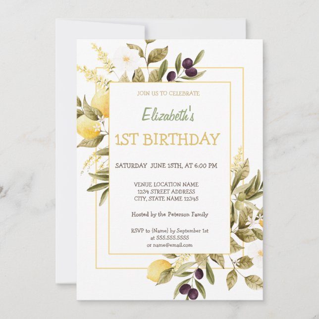 Invitation Anniversaire Citrons Aquarelle Fleurs O (Devant)