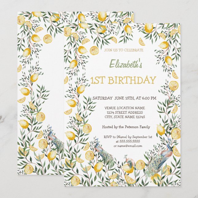 Invitation Anniversaire Citrons Aquarelle Paon  (Devant / Derrière)