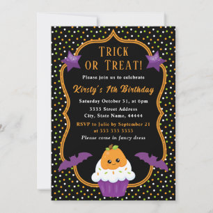 Invitation Anniversaire Citrouille Halloween Cupcake & Pois