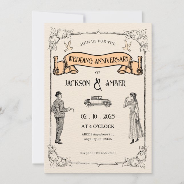 Invitation Anniversaire classique du mariage vintage (Devant)