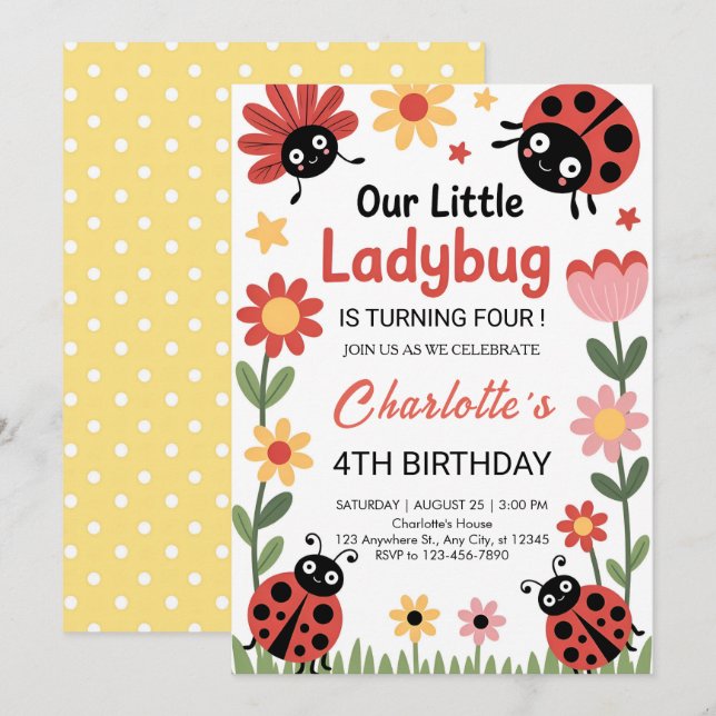 Invitation Anniversaire coccinelle florale (Devant / Derrière)