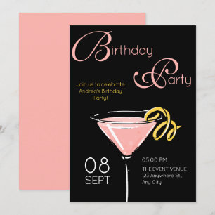 Invitation Anniversaire cocktail fantaisie rose noir