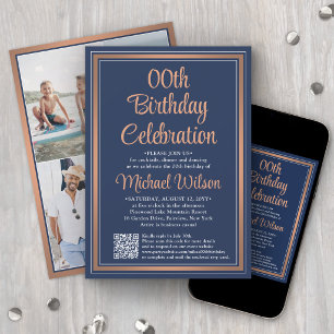 Invitation Anniversaire • Code QR bleu marine et cuivre 4 Pho