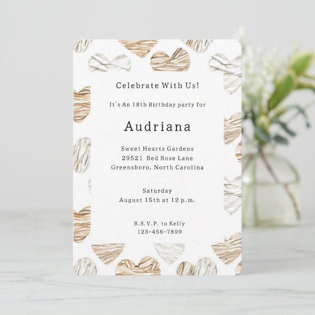 Invitation Anniversaire coeurs blancs crème romantiques (Debout devant)