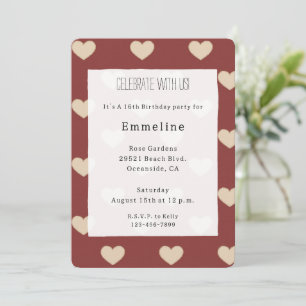 Invitation Anniversaire coeurs paillettes crème rouge or