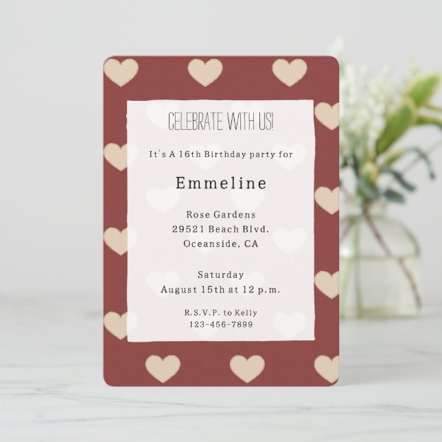 Invitation Anniversaire coeurs paillettes crème rouge or (Debout devant)