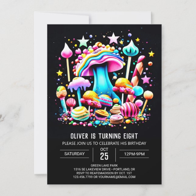 Invitation Anniversaire coloré de Candyland moderne (Devant)