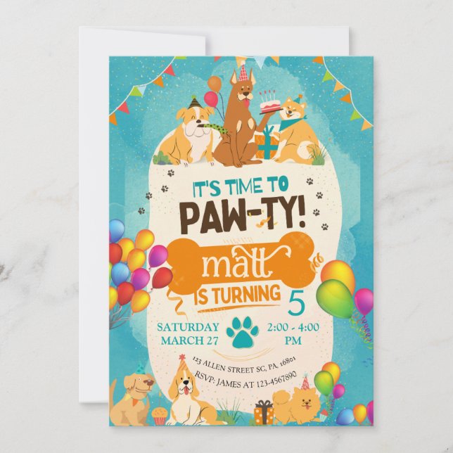 Invitation Anniversaire coloré Paw-ty mignon Chiens de chiot (Devant)