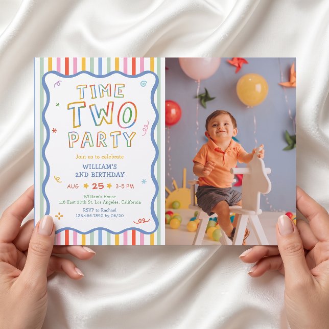 Invitation anniversaire colorée Time Two Party (Créateur téléchargé)