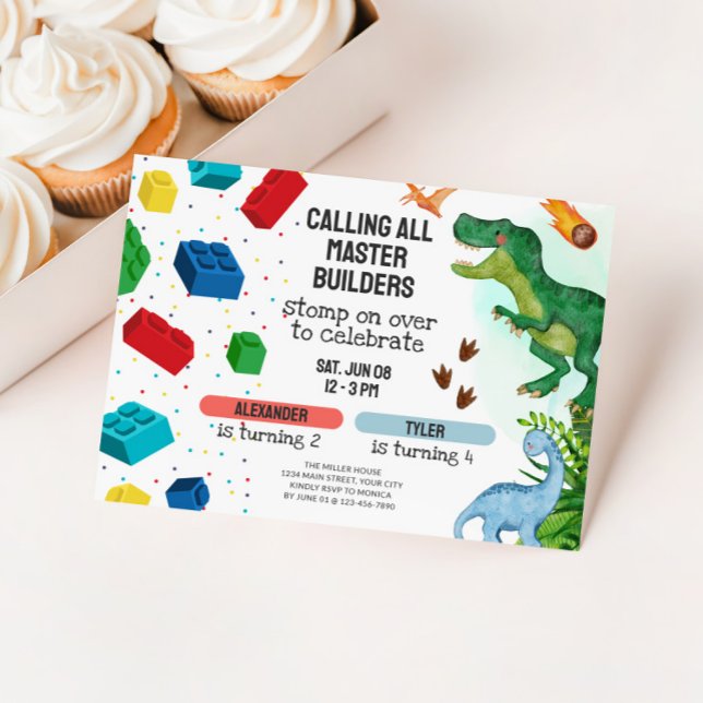 Invitation Anniversaire commun de frères et sœurs Dinosaures  (Joint Kids Birthday Party Invite - Dinosaurs and Building Blocks)