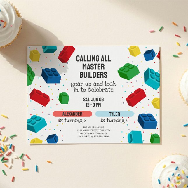 Invitation Anniversaire commun de frères et sœurs pour les bl (Kids Building Block Dual Birthday Party Invitation)