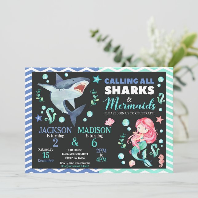 Invitation Anniversaire commun de requins et de sirènes | Fêt (Debout devant)