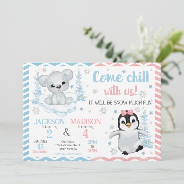 Invitation Anniversaire commun des animaux arctiques d'hiver (Debout devant)